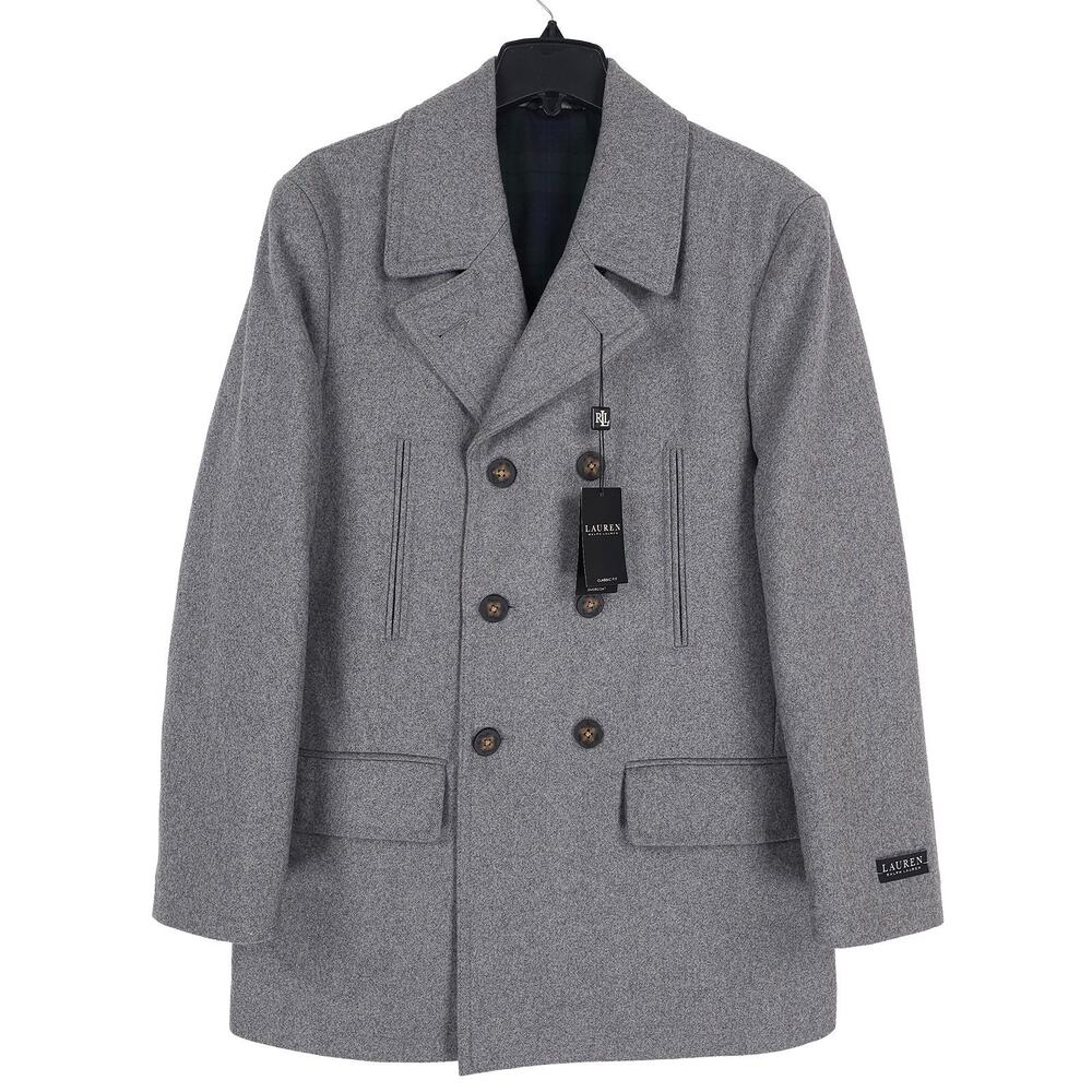 Lauren Ralph Lauren Mens Classic Fit Overcoat 38S Light Grey Solid Wool Blend
